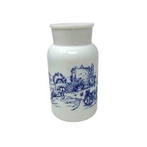 White Milk Glass Canister Spanish Farm Scene.